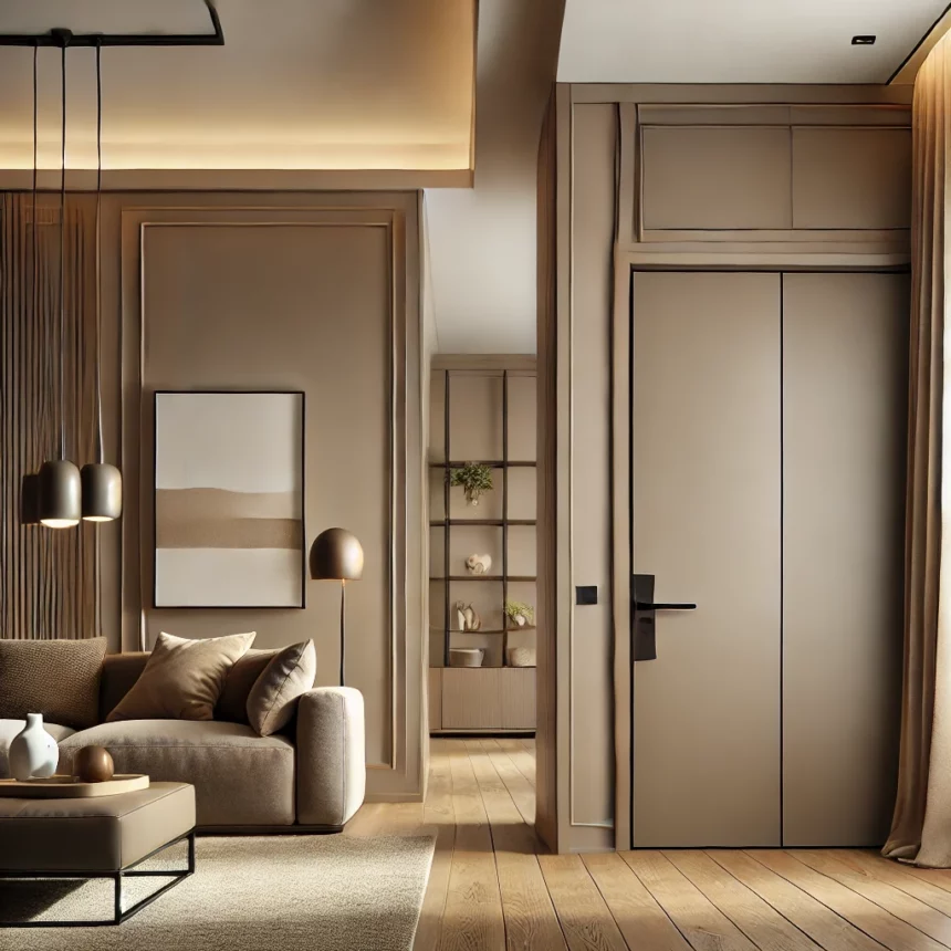 DALL·E 2025 02 27 13.03.28 A modern interior featuring sleek flat panel doors in Pantone Mocca Mousse color. The room is designed with warm neutral tones including beige taup -