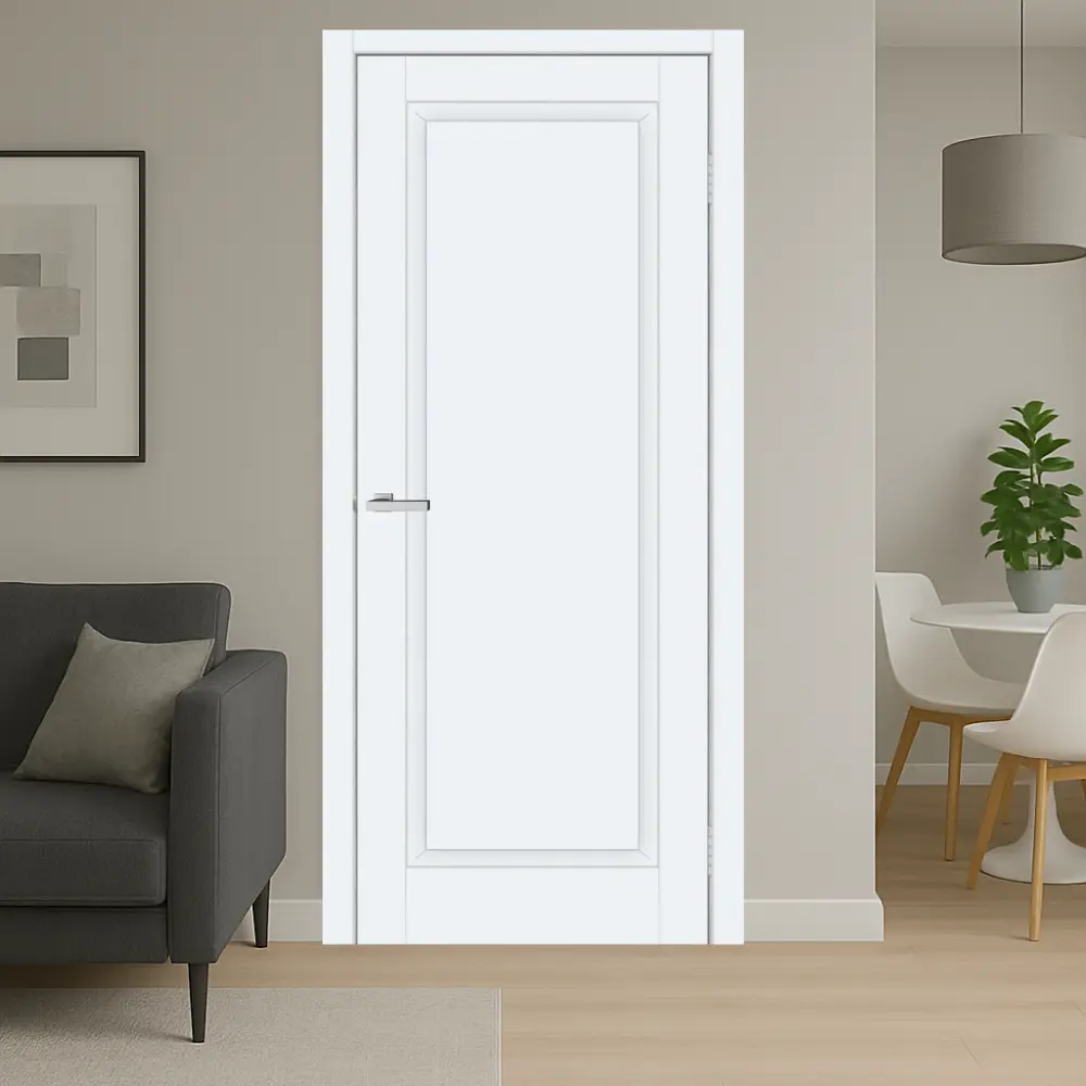neo 1 balta onyx Onyx baltos vidaus durys su elegantiška sidabrine rankena – klasikinio stiliaus sprendimas šviesiam interjerui.