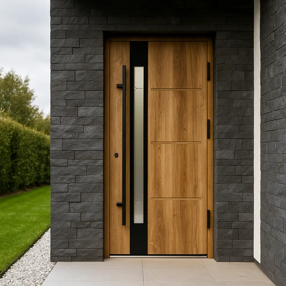 Martom Nordic (1) Visos Modern kolekcijos durys gali būti apdailintos dviem skirtingų medžiagų tipais: tai gali būti nerūdijančio plieno aplikacija su šlifuoto inox paviršiaus tekstūra arba anoduoto juodo aliuminio lakštas.